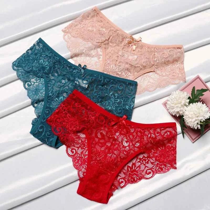 3PCS Lace Panties Set for Women - Sexy Transparent Floral Underwear with Bow and Hollow Out Design, Available in S, M, L, XL - Urban Heaven Co