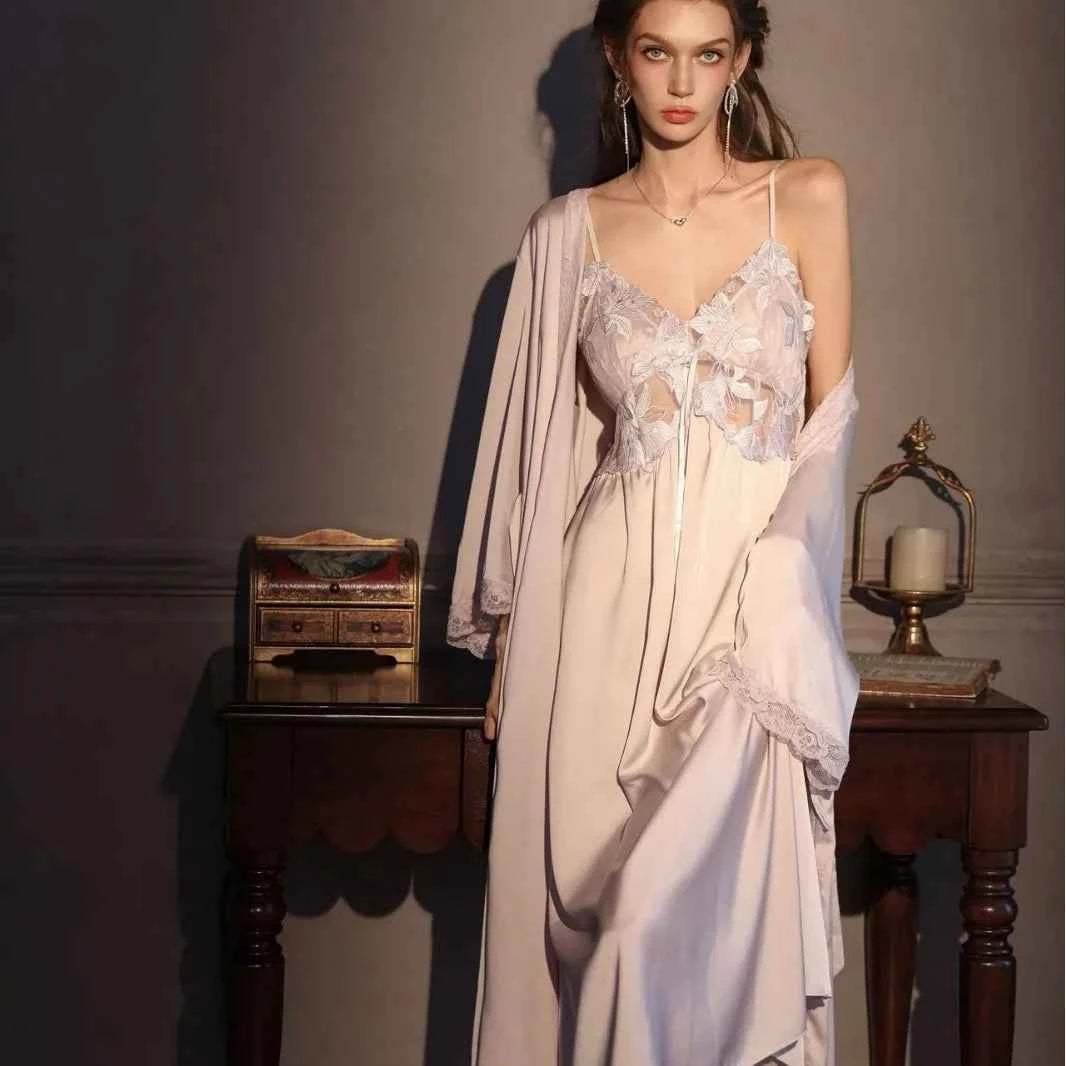 Elegant Female Long Robe Set Nightgown Silky Ice Silk Sleepwear - Urban Heaven Co