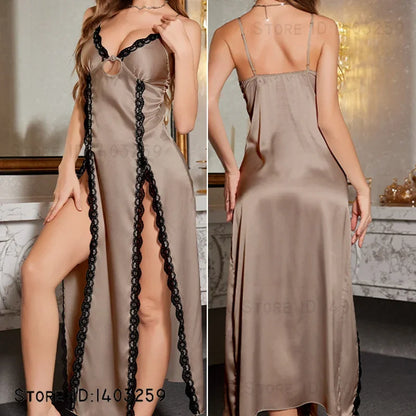 Sexy Split Suspender Nightgown Chemise Sleepwear Summer New Silky Satin Nightdress Intimate Lingerie Female Home Wear Loungewear - Urban Heaven Co