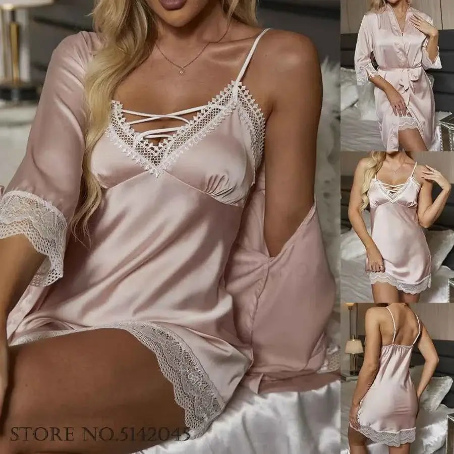 Sexy Lace Trim Nightgown Kimono Bathrobe Gown Loose Silk Satin Home Wear Loungewear Sleepwear Summer New Female Twinset Robe Set - Urban Heaven Co