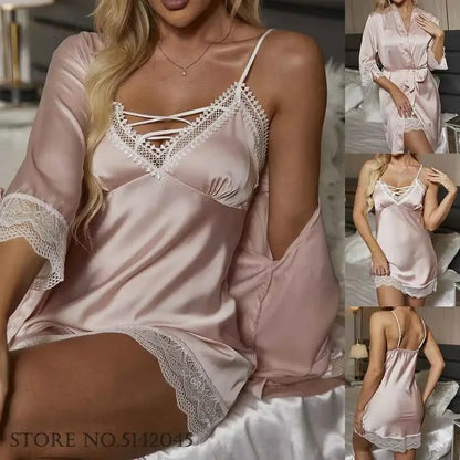 Sexy Lace Trim Nightgown Kimono Bathrobe Gown Loose Silk Satin Home Wear Loungewear Sleepwear Summer New Female Twinset Robe Set - Urban Heaven Co