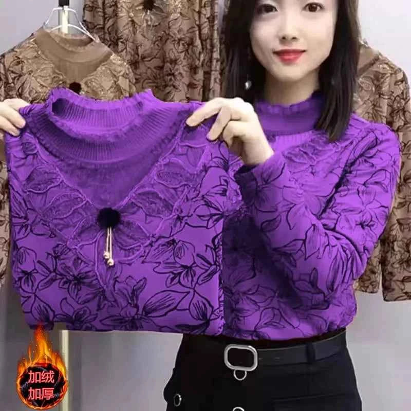 Add Velvet Lace Bottoming Shirt Blouse Women&