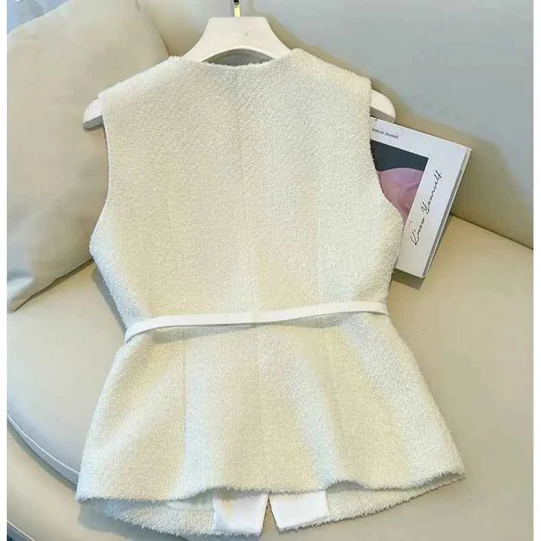 Two Piece Set Women Summer O-neck Sleeveless Slim Vest + A-line Mesh Skirt Elegant Office Lady Suit - Urban Heaven Co