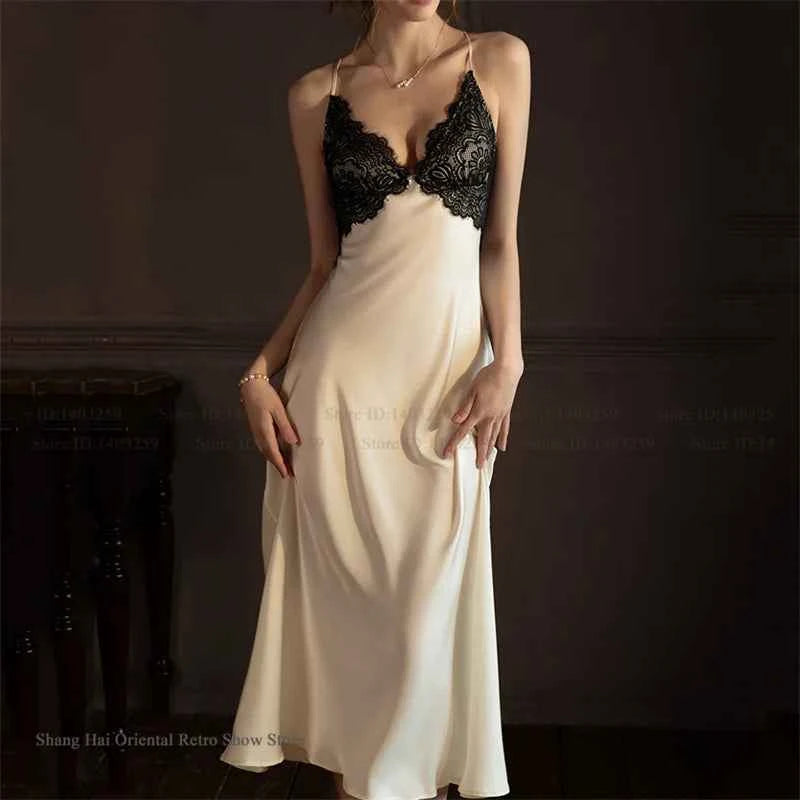 Sexy Femlae Long Robe Nightgown 2PCS Set Spring Summer New Silk Satin Sleepwear Nightdress Lingerie Patchwork Lace Homewear - Urban Heaven Co