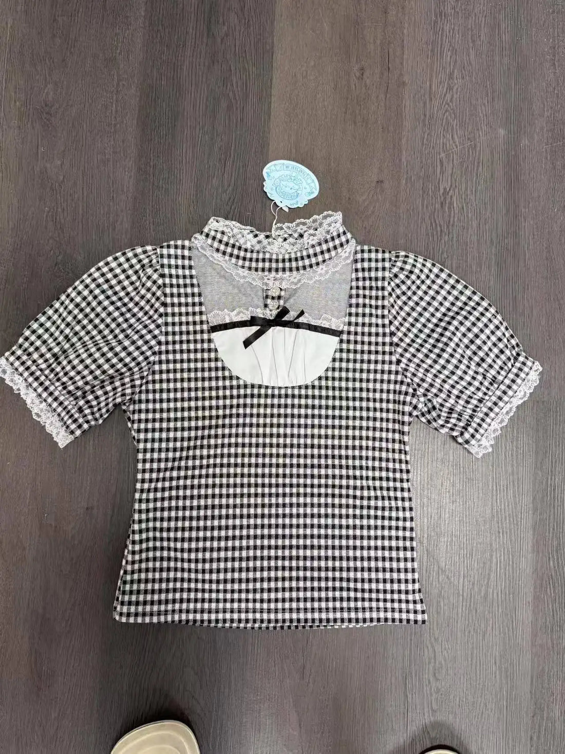 Japanese Gothic Lolita Style Shirts Women Vintage Sweet Y2k Lace Ruffles Short Sleeve Plaid Blouse Girls Casual Tops - Urban Heaven Co