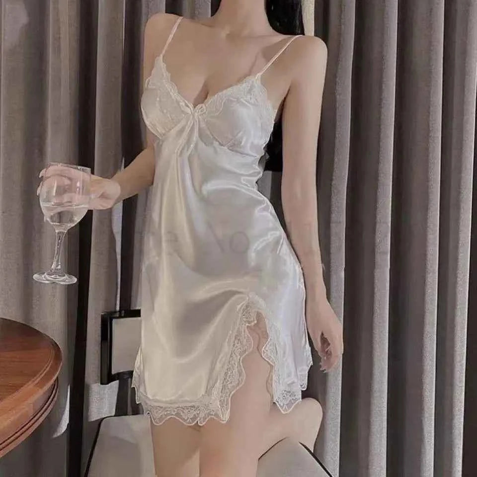 Print Flower Chemise Sleepwear Nightgown Short Summer Sexy Spaghetti Sling Homewear Satin Lace Patchwork Female Nightdress - Urban Heaven Co