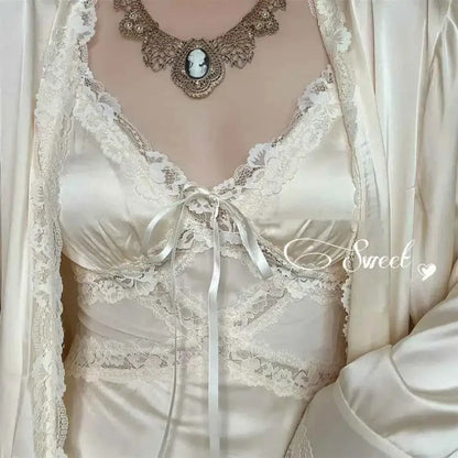 Spring New Nightgown Women Bride Wedding Dress Sweet Lace Patchwork Robe Set Nightdress Elegant Lingerie Summer Long Kimono Gown - Urban Heaven Co