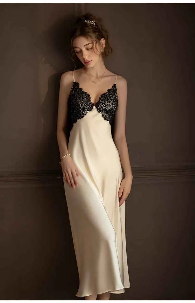 Sexy Femlae Long Robe Nightgown 2PCS Set Spring Summer New Silk Satin Sleepwear Nightdress Lingerie Patchwork Lace Homewear - Urban Heaven Co