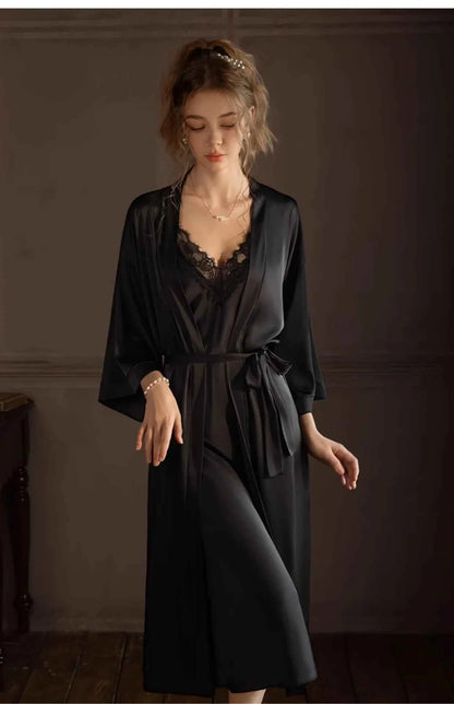 Plus Size Long 2PCS Robe Nightgown Set Pajama Elegant Kimono Bathrobe Gown Sleepwear Summer Sexy Women&