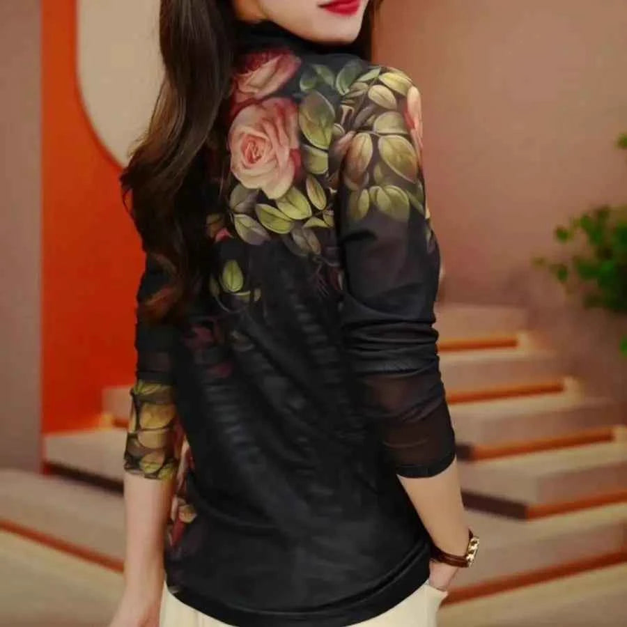 Women Harajuku Long Sleeved Net Yarn Tie Dye Underlay Tops Women New Westernization Turtleneck Printing T-shirt - Urban Heaven Co