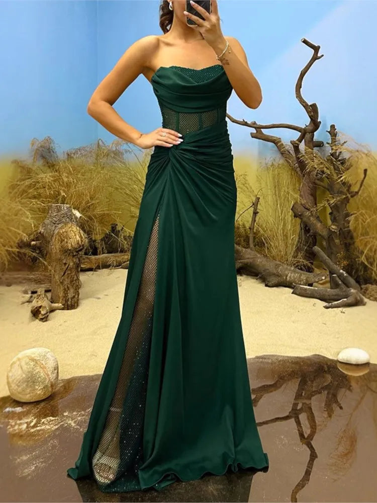 Elegant Strapless Sequin Party Dress for Women - Spring Summer High Slit Fashion Dress - Urban Heaven Co