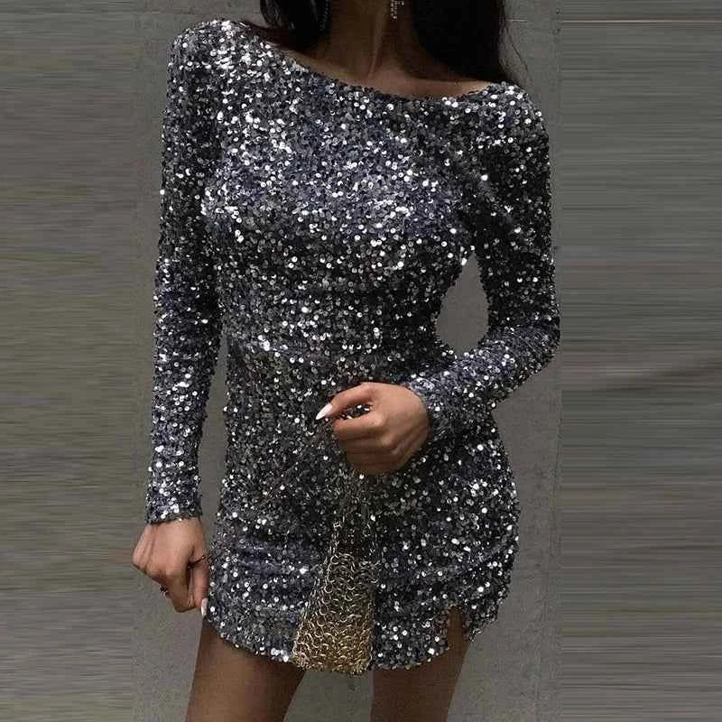 Sexy Backless Lace Up Party Dress with Long Sleeves - A-line Casual O Neck Sequin Slim Mini Dress - Urban Heaven Co