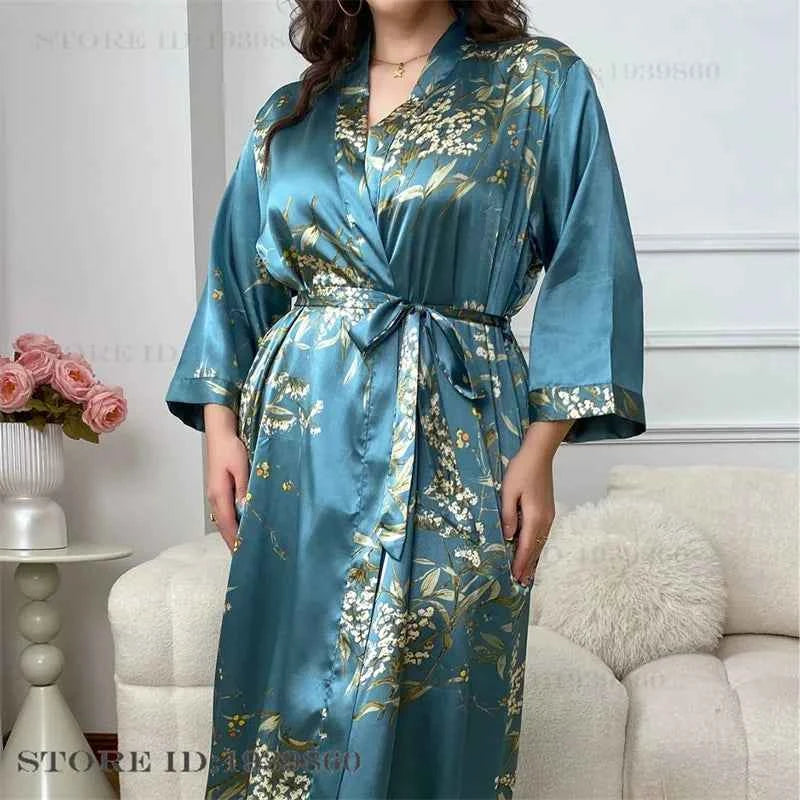 Large Size Female 2Pcs Robe Set Nightgown Print Cherry Long Kimono Bathrobe Gown Sleepwear. - Urban Heaven Co