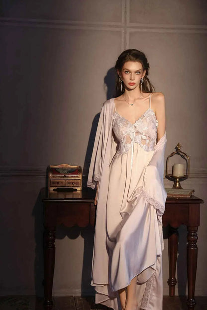 Elegant Female Long Robe Set Nightgown Silky Ice Silk Sleepwear - Urban Heaven Co
