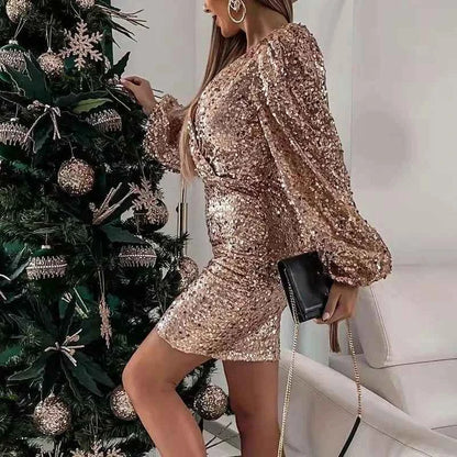 New V Neck Sequin Party Dress with Puff Shoulders | Sexy Bodycon Mini Dress for Office Ladies - Urban Heaven Co