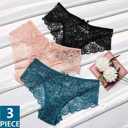 3PCS Lace Panties Set for Women - Sexy Transparent Floral Underwear with Bow and Hollow Out Design, Available in S, M, L, XL - Urban Heaven Co