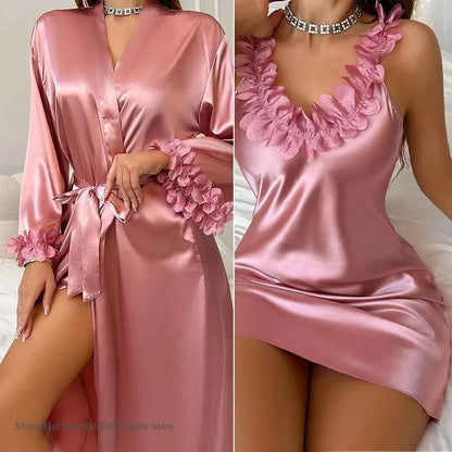 Sexy Female Twinset Robe Set Nightgown Silk Satin Female Sleepwear - Urban Heaven Co