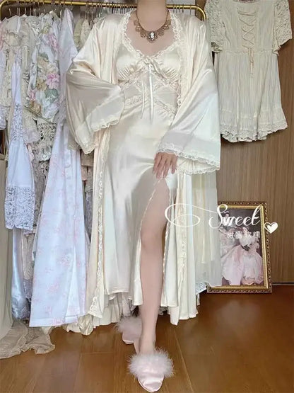 Spring New Nightgown Women Bride Wedding Dress Sweet Lace Patchwork Robe Set Nightdress Elegant Lingerie Summer Long Kimono Gown - Urban Heaven Co