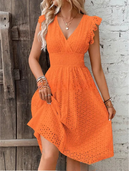Summer Women V-Neck Beach Dress Flare Sleeve Solid Color Hollow Lace Waist Dress. - Urban Heaven Co