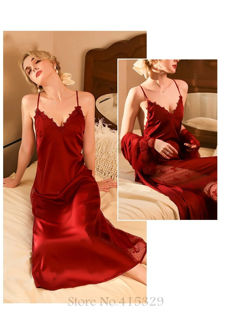 Wedding Bride Robe Set Women Bridal Lace Nightgown Long Kimono Bath Gown Intimate Lingerie - Urban Heaven Co