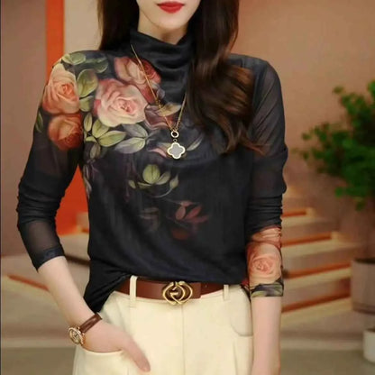 Women Harajuku Long Sleeved Net Yarn Tie Dye Underlay Tops Women New Westernization Turtleneck Printing T-shirt - Urban Heaven Co