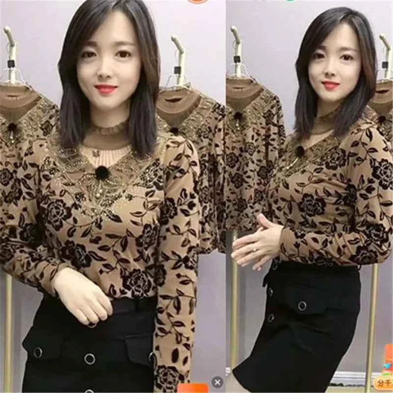 Add Velvet Lace Bottoming Shirt Blouse Women&
