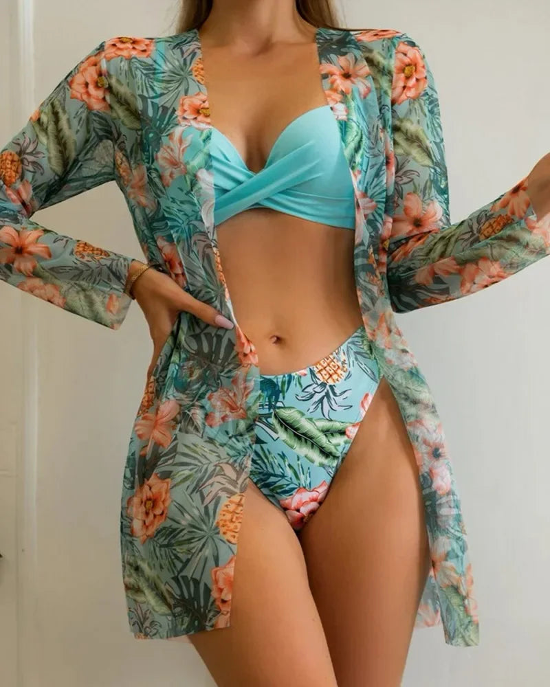 20 Colors Three Piece Bikinis Set Women Sexy Push Up Swimwear Swimsuit Plants. - Urban Heaven Co