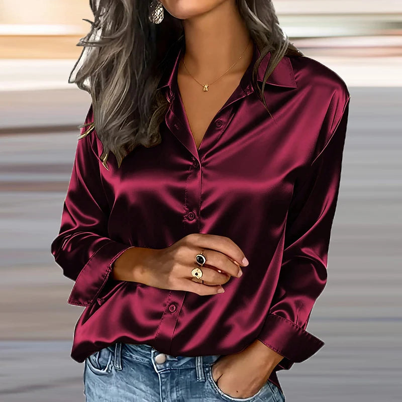 Spring Summer Satin Shirt Women Turn Down Collar Long Sleeve Office Shirt Blouses Ladies Black White Silk Loose Shirt Women - Urban Heaven Co