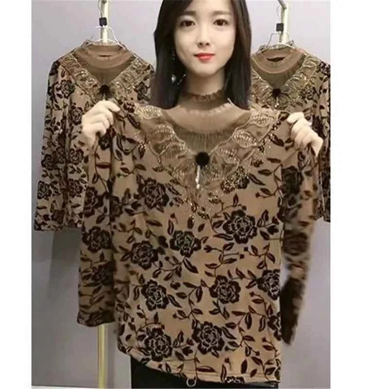 Add Velvet Lace Bottoming Shirt Blouse Women&
