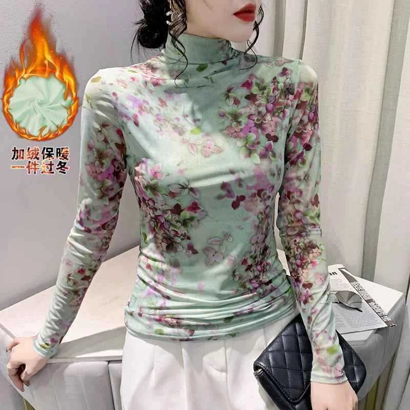 T Shirt Women Turtleneck Full Sleeve Printed Flowers Base Tees Female Sweet T-shirts - Urban Heaven Co