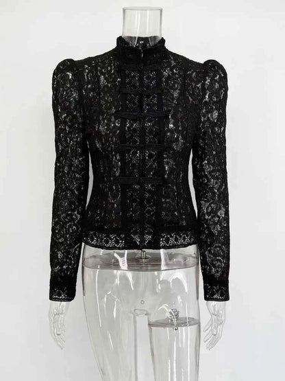 Tossy Summer Lace Printed Shirts Tops Female Hollow Out Fashion Commute Vintage See-Through Blouse. - Urban Heaven Co