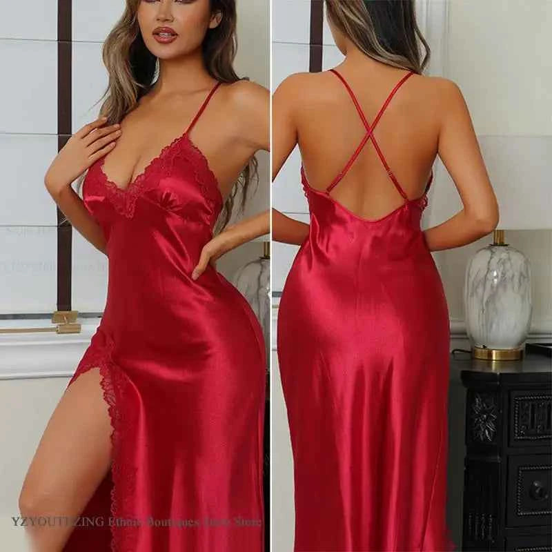 Sexy Burgundy Suspender Nightgown Chemise Sleepwear Summer New Female Nightwear Home Clothes Slim Ice Silk Backless Nightdress - Urban Heaven Co