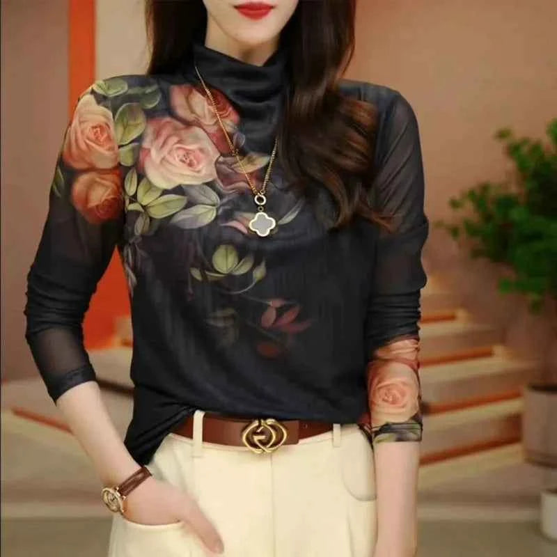 Women Harajuku Long Sleeved Net Yarn Tie Dye Underlay Tops Women New Westernization Turtleneck Printing T-shirt - Urban Heaven Co