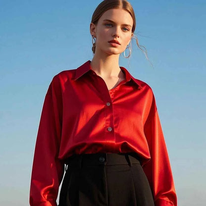 Trending Casual Shirt Elegant Blouses For Women Satin Multicolor Basic Slim Shirt Solid All-Match Top - Urban Heaven Co