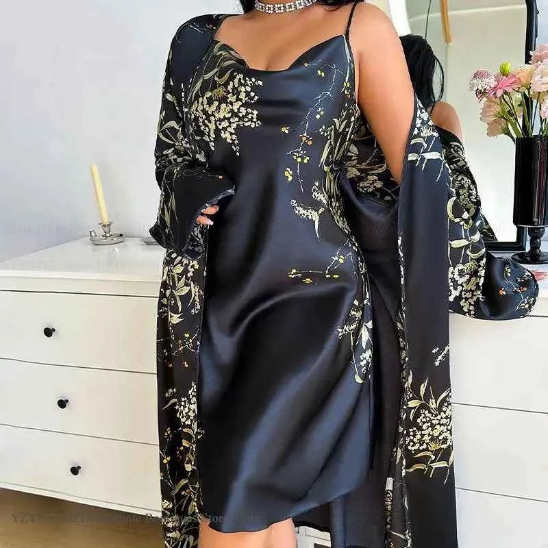 2PCS Robe Set Nightgown Print Flower Kimono Bathrobe Gown Plus Size Silk Satin Sleepwear - Urban Heaven Co