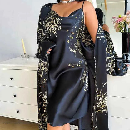 2PCS Robe Set Nightgown Print Flower Kimono Bathrobe Gown Plus Size Silk Satin Sleepwear - Urban Heaven Co