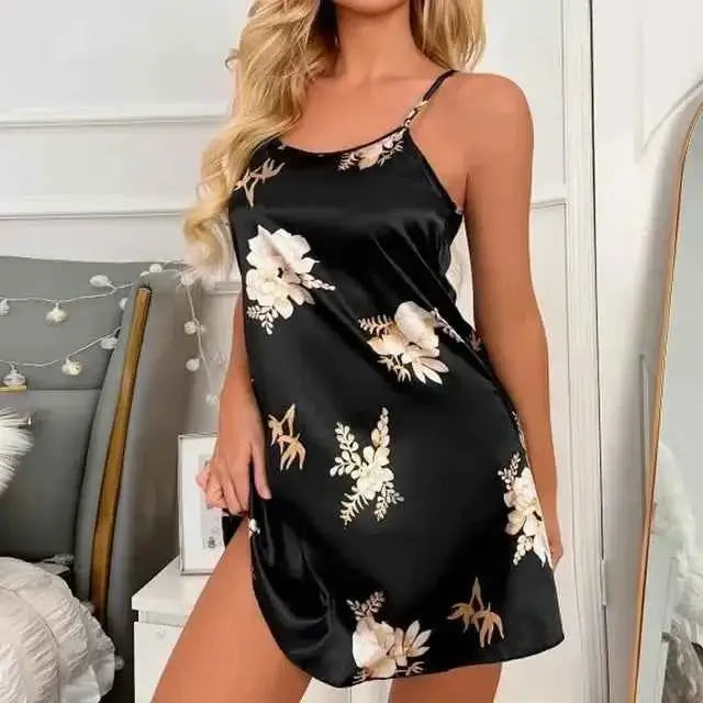 Women Nightwear Home Clothes Sexy Black Floral Printing Nightdress Sleepwear Nightshirts Silk Sleepshirts Nightgowns For Woman