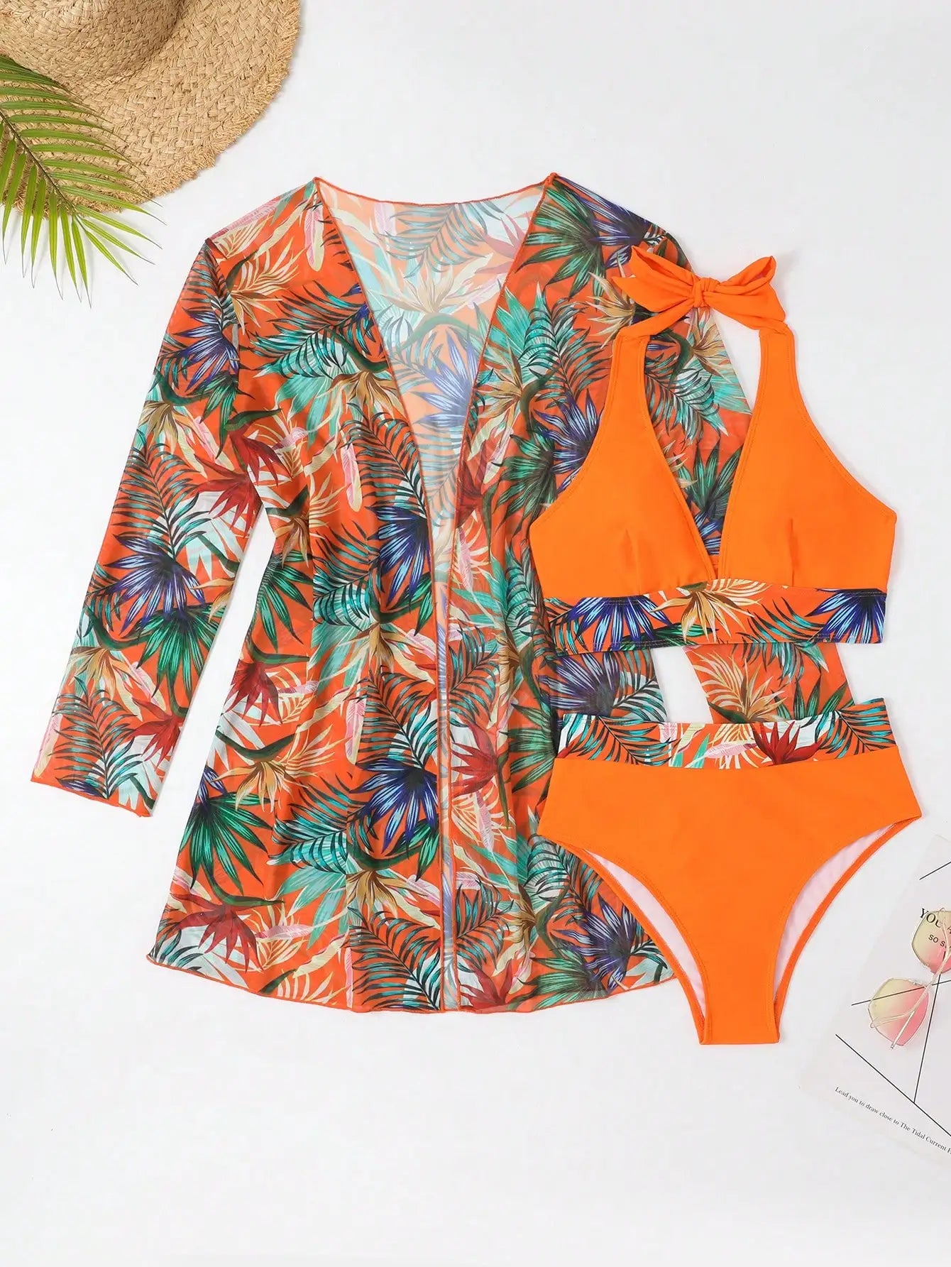 Halter Print Bikini Sets 3PCS Women Swimsuit With Kimono High Waist Swimwear Female Bathers Bathing Swimming Swim Suit Beachwear - Urban Heaven Co