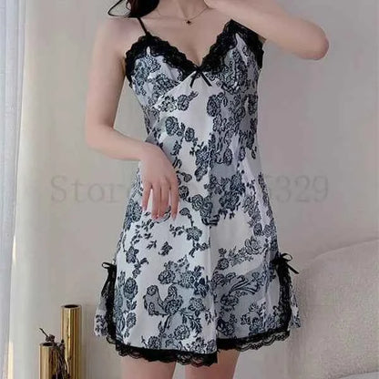 Print Flower Chemise Sleepwear Nightgown Short Summer Sexy Spaghetti Sling Homewear Satin Lace Patchwork Female Nightdress - Urban Heaven Co