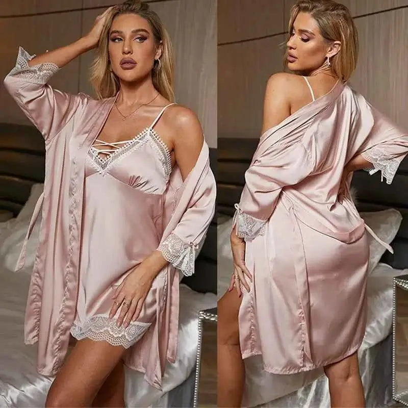 Sexy Lace Trim Nightgown Kimono Bathrobe Gown Loose Silk Satin Home Wear Loungewear Sleepwear Summer New Female Twinset Robe Set - Urban Heaven Co