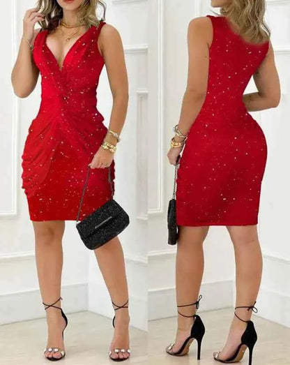 Women Sexy Twist Design Plunging Neck Glitter Party Dress Temperament Commuting Female Clothes New Fashion Women Skinny Dresses - Urban Heaven Co