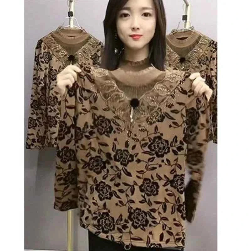 Add Velvet Lace Bottoming Shirt Blouse Women&