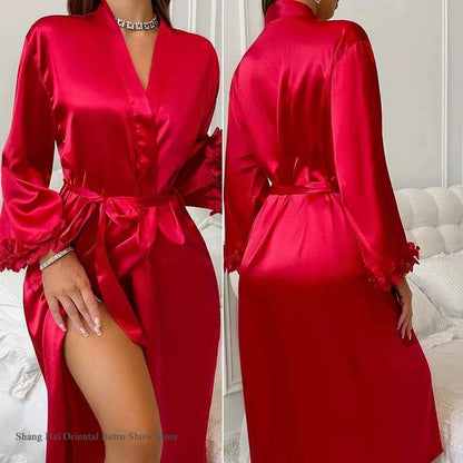 Female 2PCS Robe Set Nightgown Sexy Lace Long Kimono Bathrobe Gown Silk Satin Loungewear Summer Sleepwear Lingerie Homewear - Urban Heaven Co