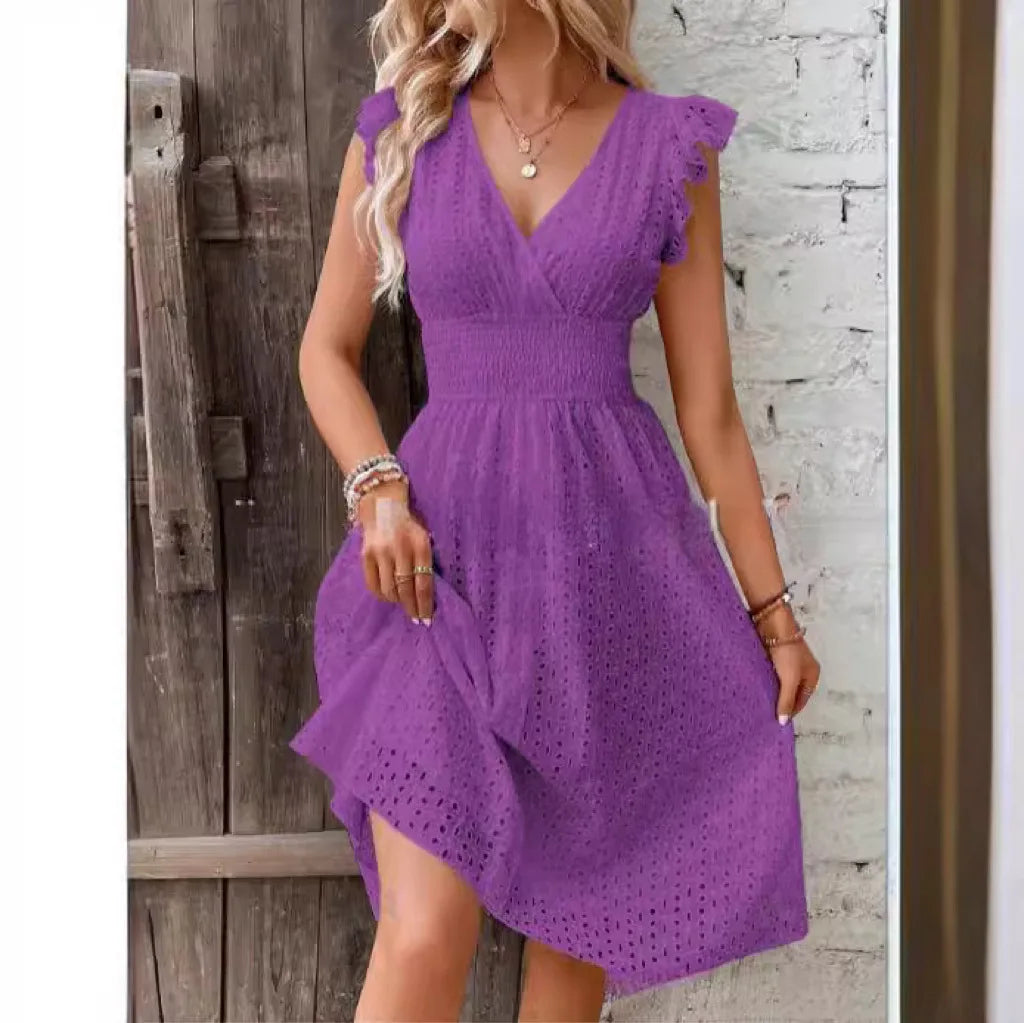 Summer Women V-Neck Beach Dress Flare Sleeve Solid Color Hollow Lace Waist Dress. - Urban Heaven Co