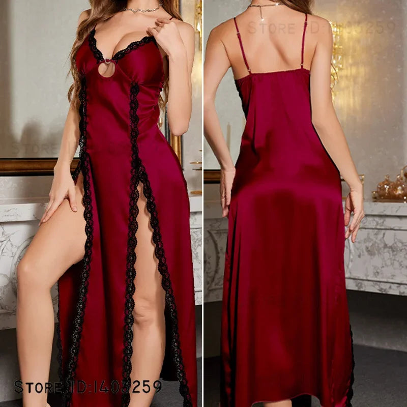 Sexy Split Suspender Nightgown Chemise Sleepwear Summer New Silky Satin Nightdress Intimate Lingerie Female Home Wear Loungewear - Urban Heaven Co