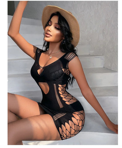 Sexy Women Fishnet Halter Backless Dress Low Cut Tight Pencil Cute Dress Plus Size Mini Dress. - Urban Heaven Co