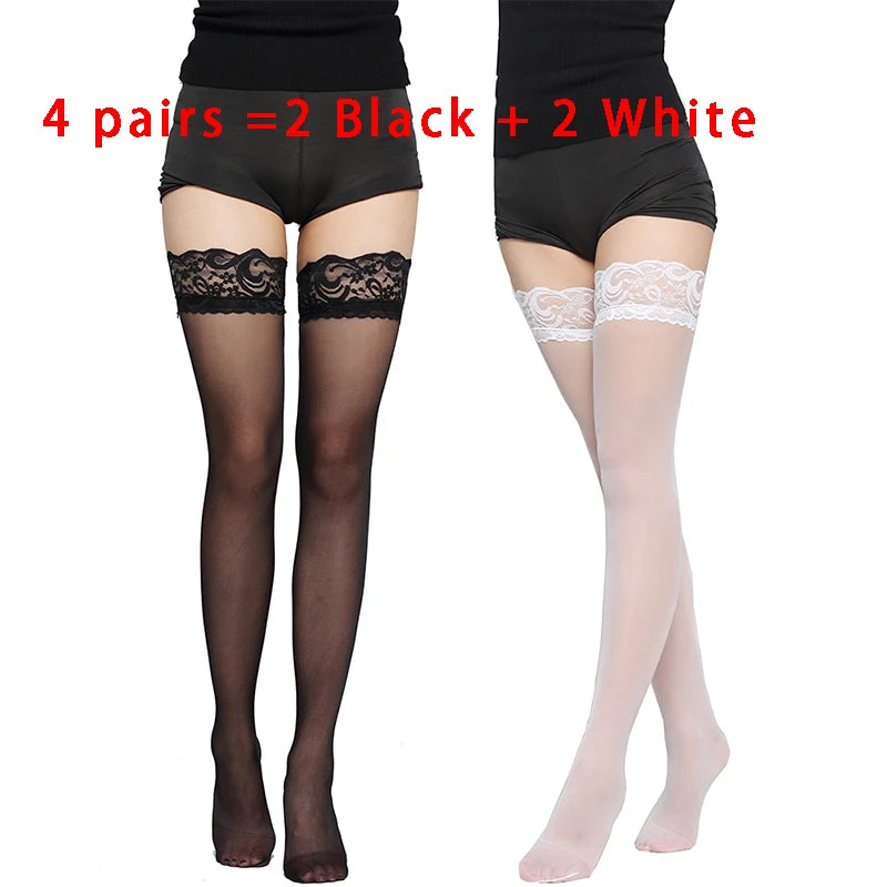 Kave Lace Thigh High Silicone Anti-Slip Socks for Women - Sexy Long Stockings in Black/White - Urban Heaven Co