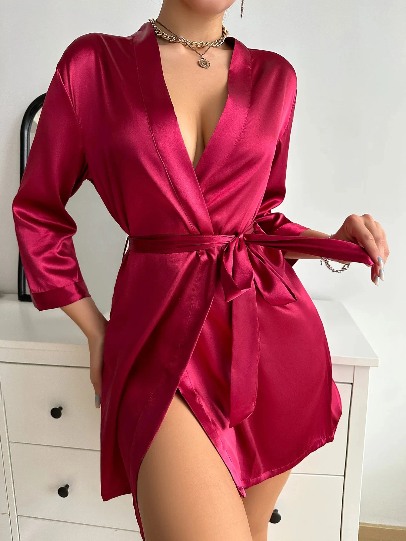 Womens Silk Robe - V-Neck Sexy Short Satin Kimono with Belt for Sleepwear and Bridesmaid Dressing Gown - Urban Heaven Co