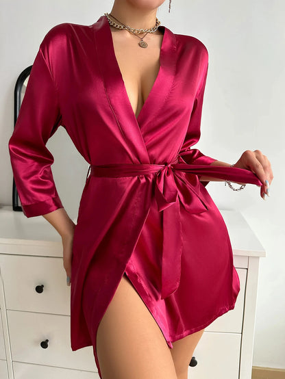 Womens Silk Robe - V-Neck Sexy Short Satin Kimono with Belt for Sleepwear and Bridesmaid Dressing Gown - Urban Heaven Co