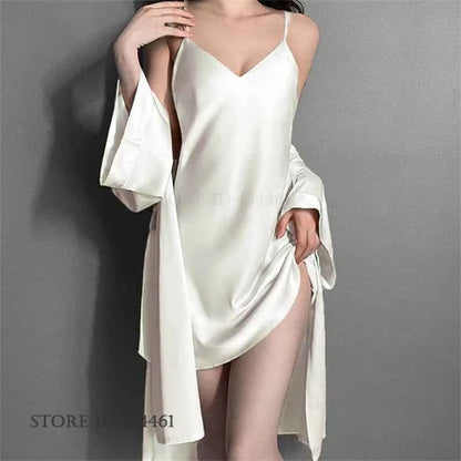 Sexy Lingerie Female Twinset Robe Set Nightgown Spring Summer New Backless Nightdress Sleepwear Loose Ice Silk Homewear Pajama - Urban Heaven Co